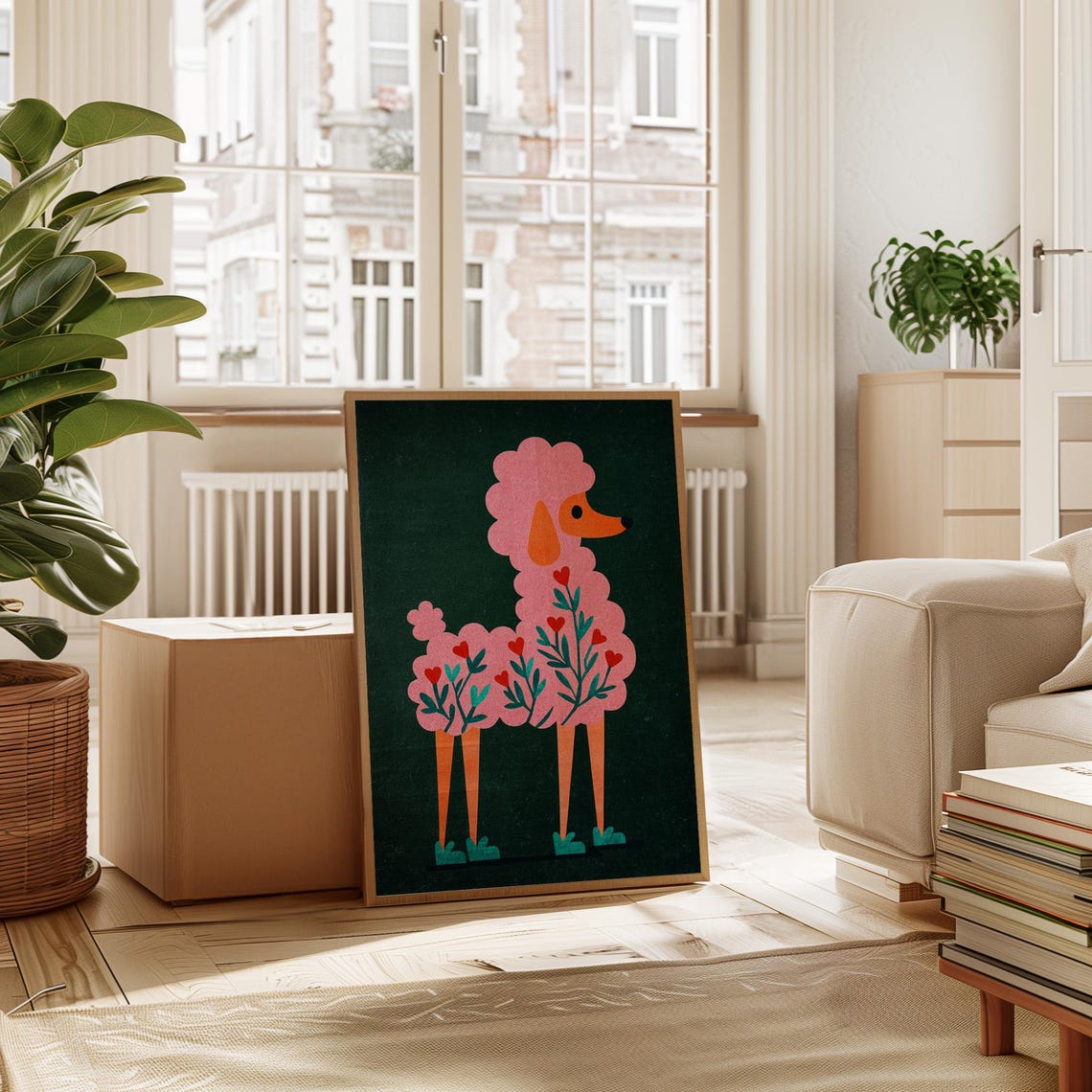 Pink Poodle Floral Folk Art Whimsical Dog Illustration Poster
