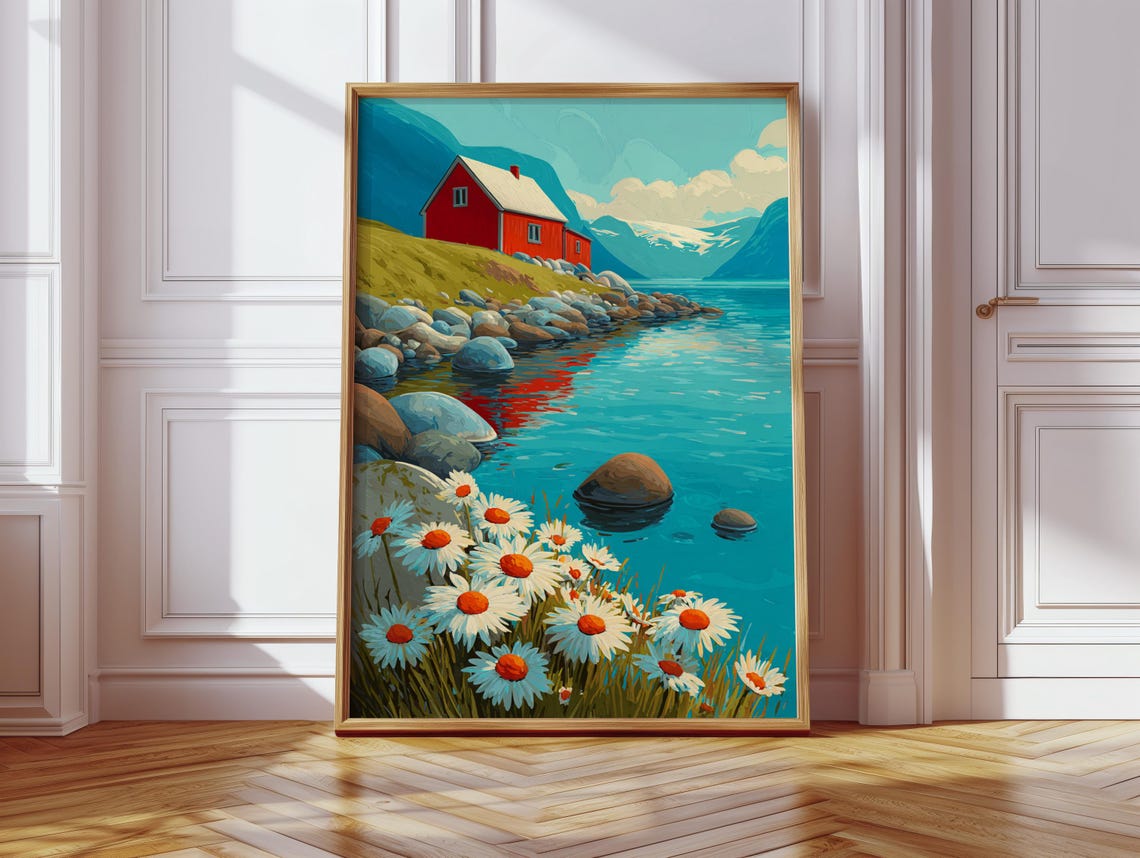 Red Cabin Fjord Coastal Landscape Painting With Daisies Print