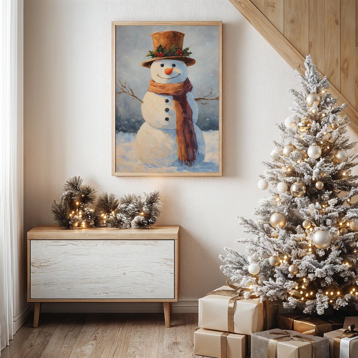 Cheerful Snowman With Top Hat And Scarf Art Print