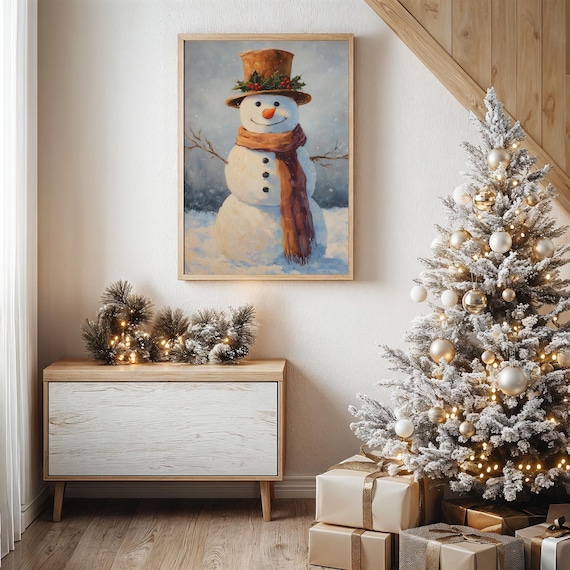 Cheerful Snowman With Top Hat And Scarf Art Print