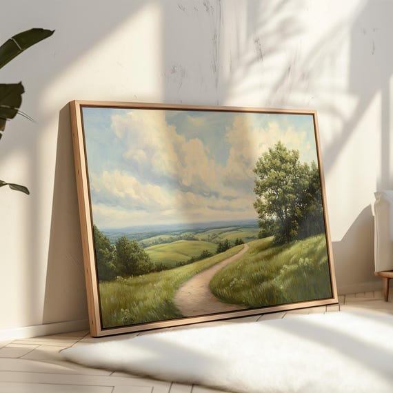 Serene Countryside Path Rolling Green Hills And Blue Sky Landscape Oil Painting For Nature Lovers Farmhouse Rustic Home Wall Dcor