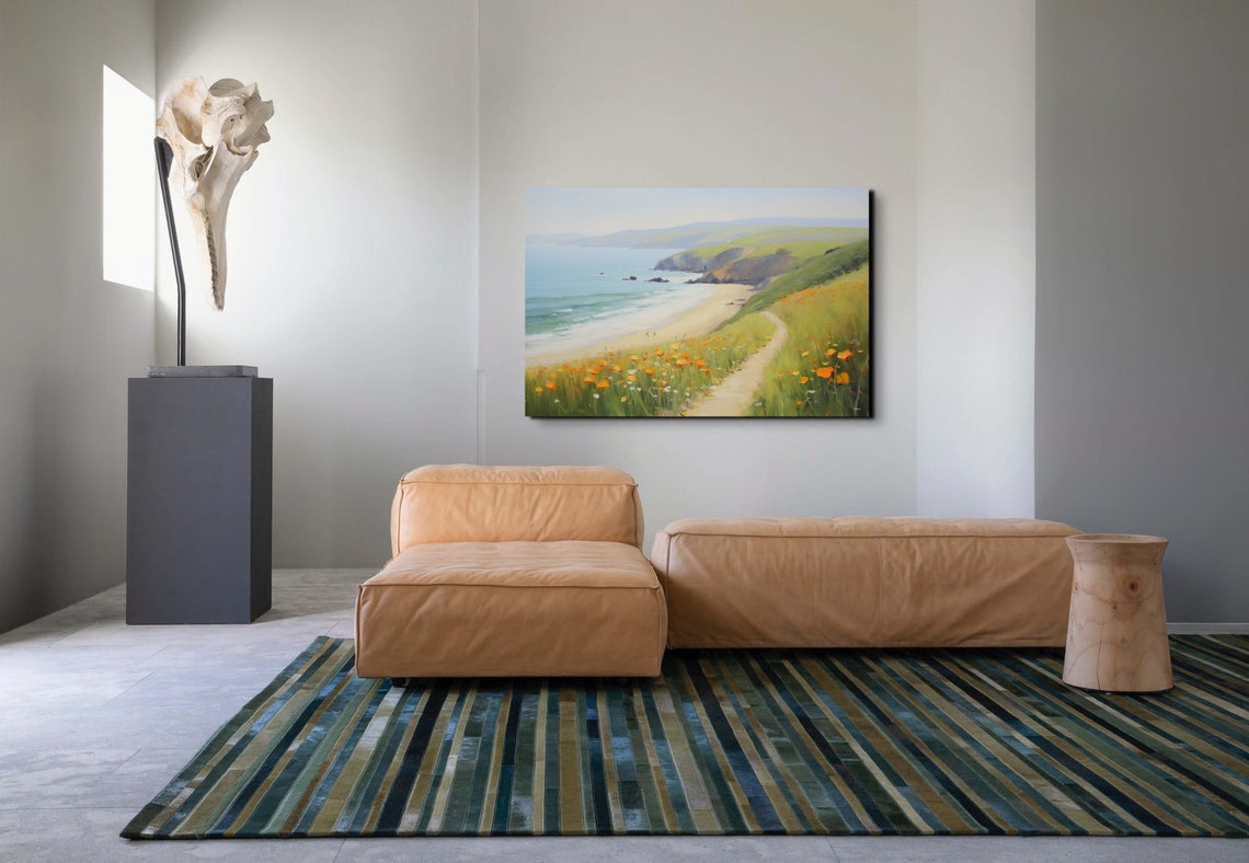 California Coast With Orange Poppies Above Sandy Beach Art Poster - Image 6