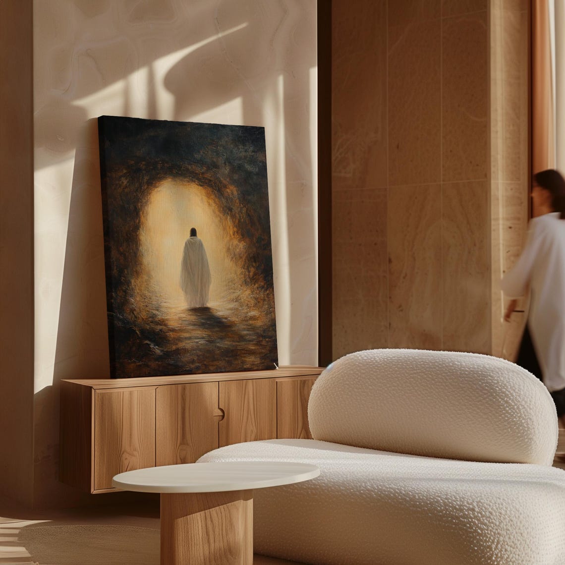 Robed Figure Walking Into Radiant Light Through Darkness Poster - Image 6
