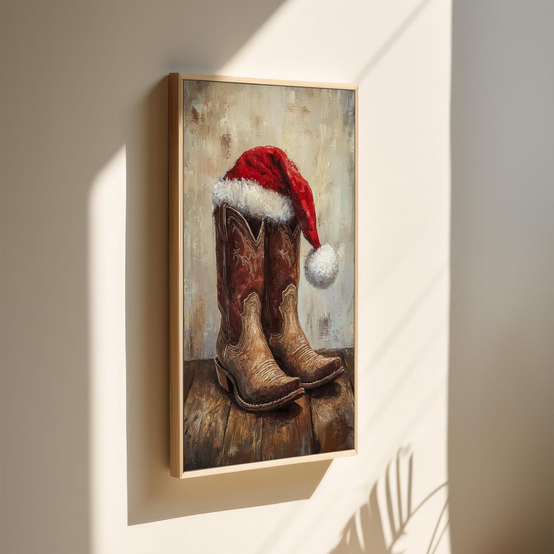 Christmas Cowboy Boots with Santa Hat Festive Western Poster