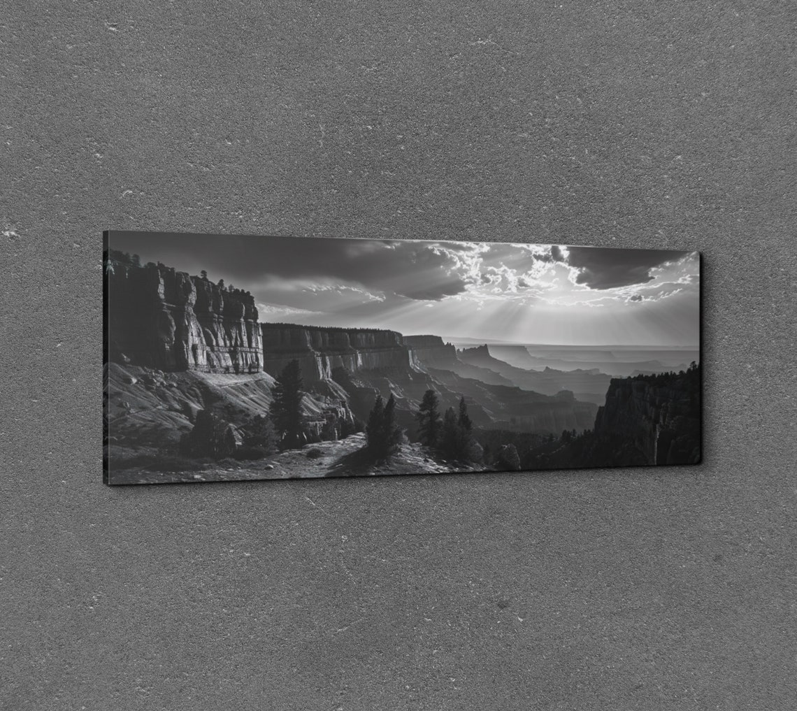 Panoramic Black White Canyon Sun Rays Dramatic Landscape Wall Art - Image 7