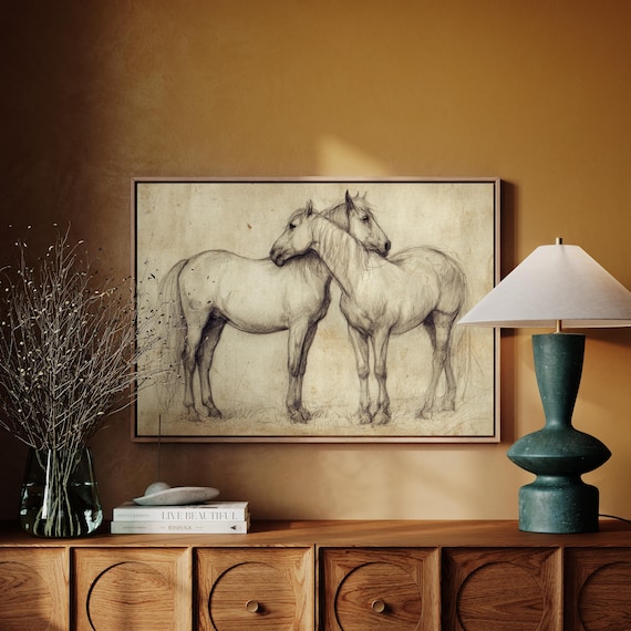 Two Horses Tender Embrace Sepia Vintage Sketch Equestrian Poster