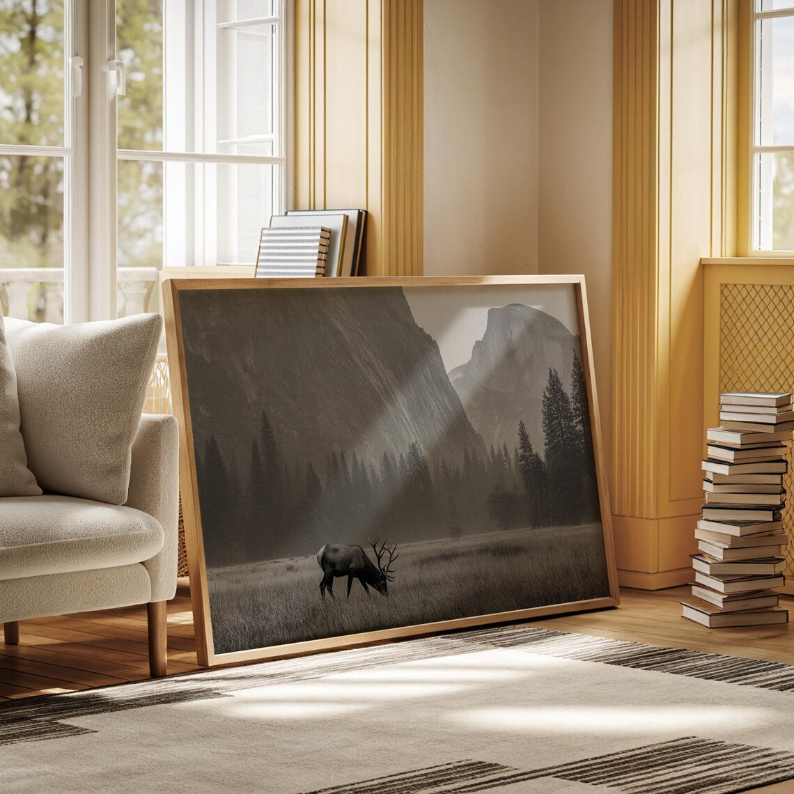 Majestic Bull Elk in a Misty Mountain Meadow Black White Poster