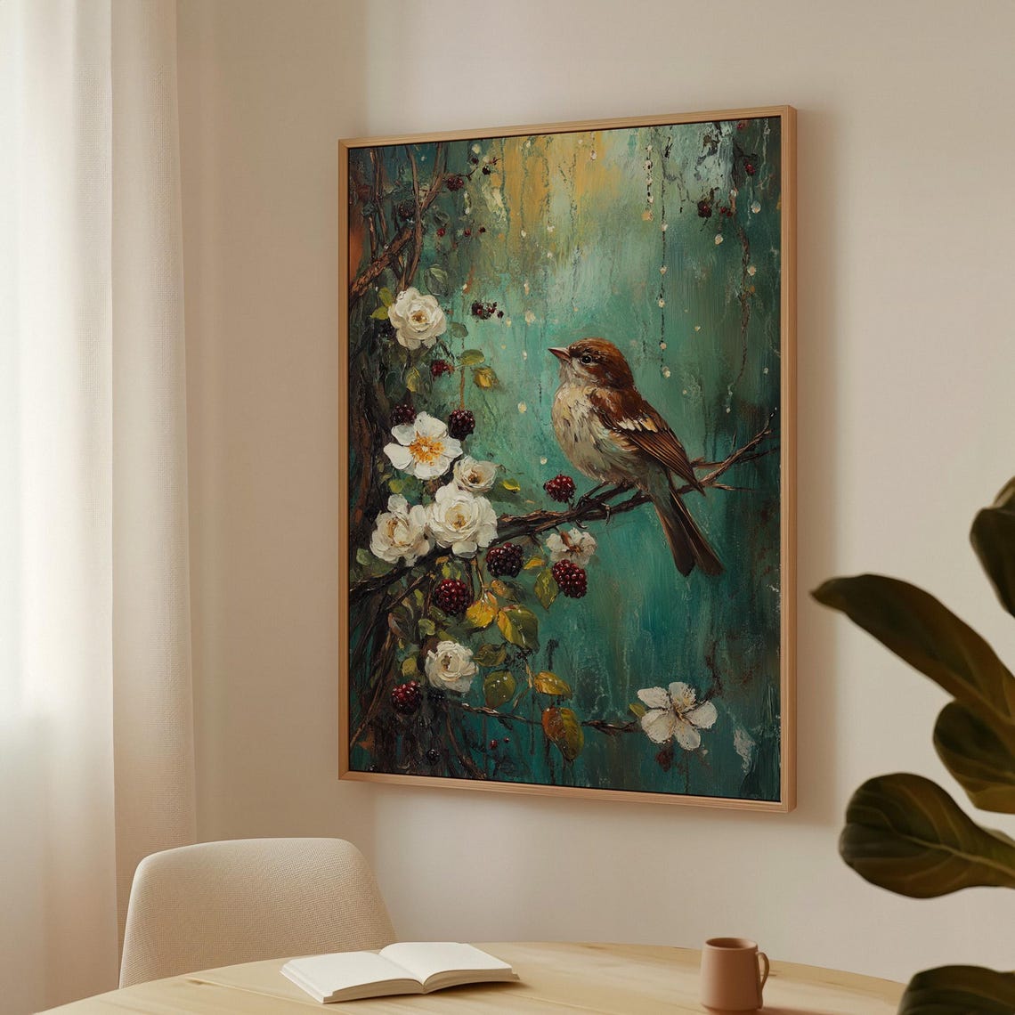 Brown Songbird With White Roses And Berries Painting Art Poster - Image 3