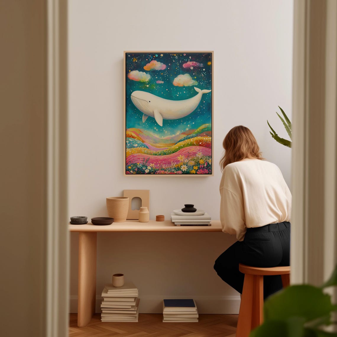 White Whale Soaring Above Rainbow Flower Hills Starry Sky Poster - Image 3