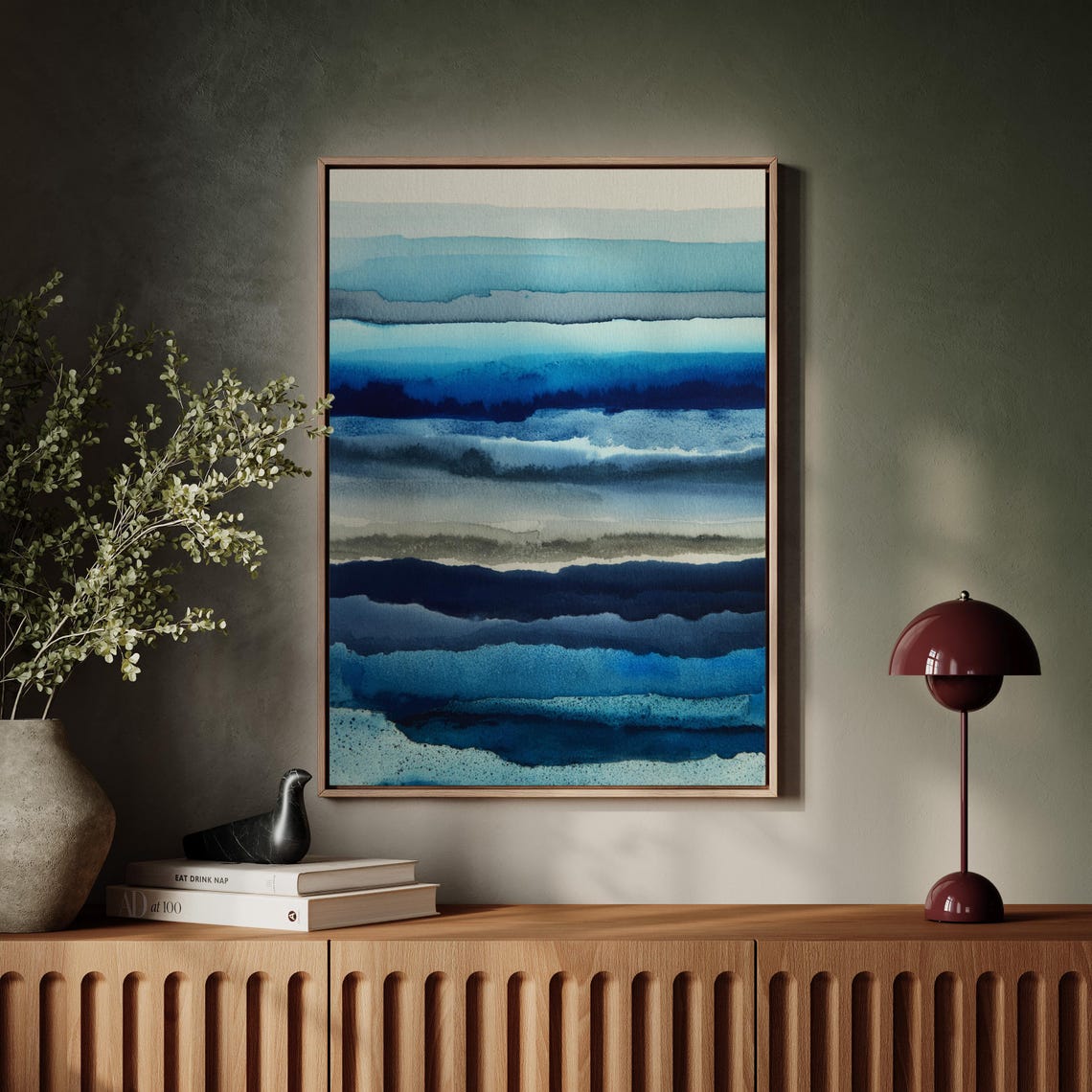 Abstract Blue Ocean Waves Watercolor Modern Coastal Art Poster
