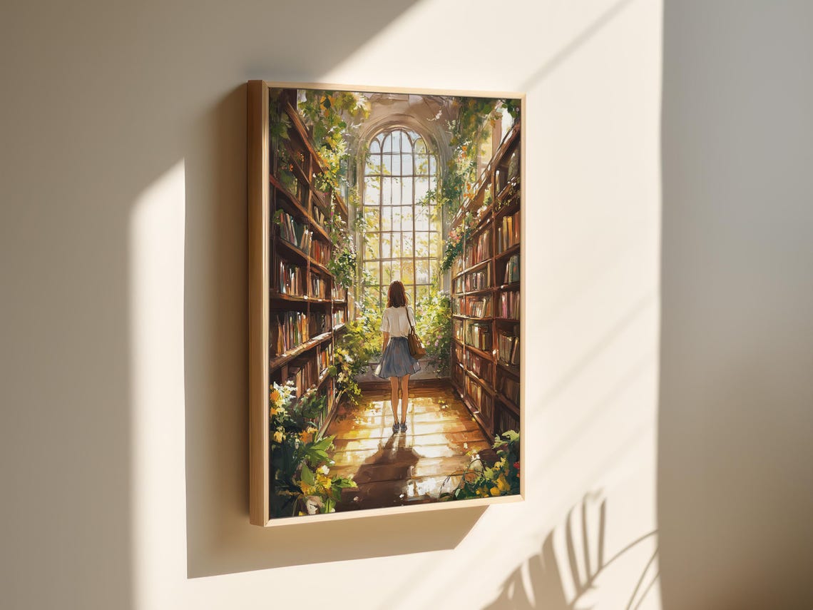 Woman Walking Toward Arched Window In Sunlit Botanical Library Poster - Image 3