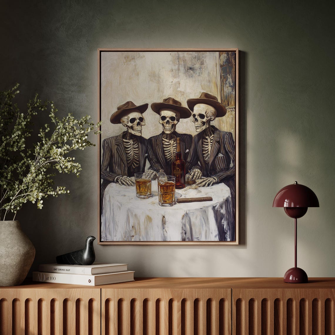Three Skeletons In Suits Drinking Whiskey Vintage Spooky Poster - Image 6