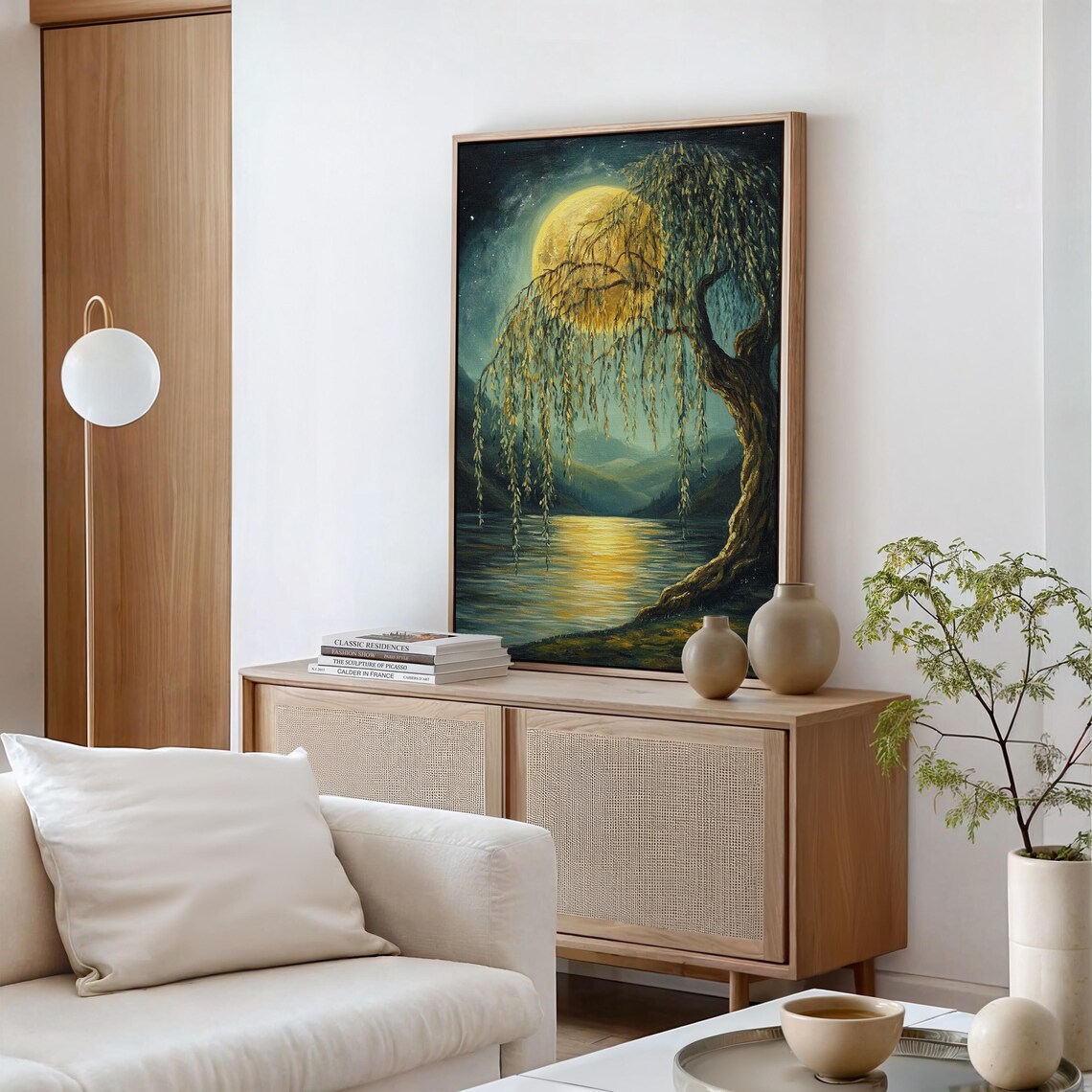 Golden Moon Glowing Behind Weeping Willow Over Lake Art Poster - Image 6