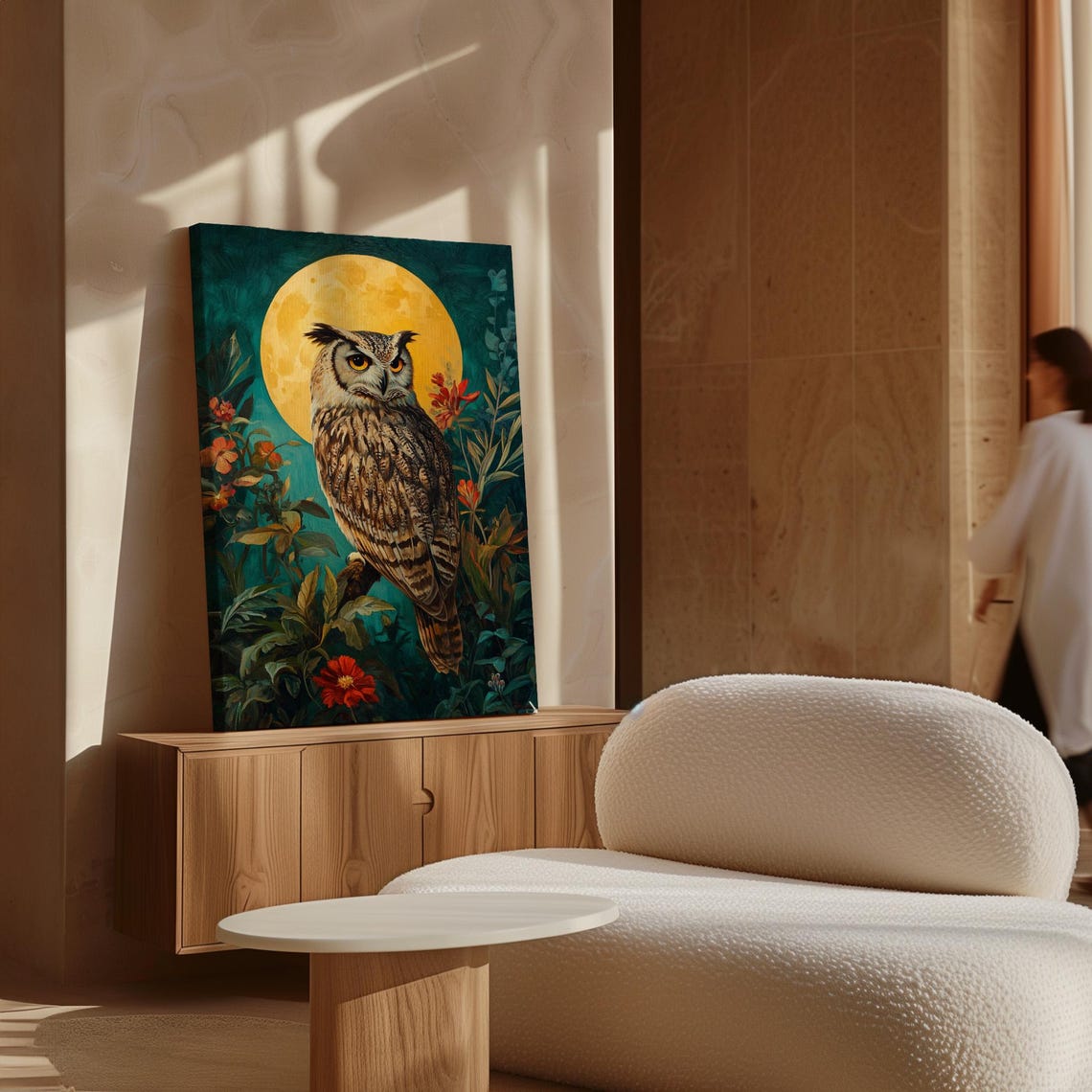 Majestic Great Horned Owl Golden Full Moon Teal Floral Night Poster - Image 5