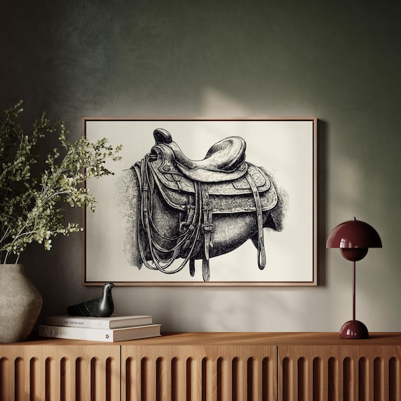 Western Saddle, Rustic Hand-Drawn Equestrian Art Print