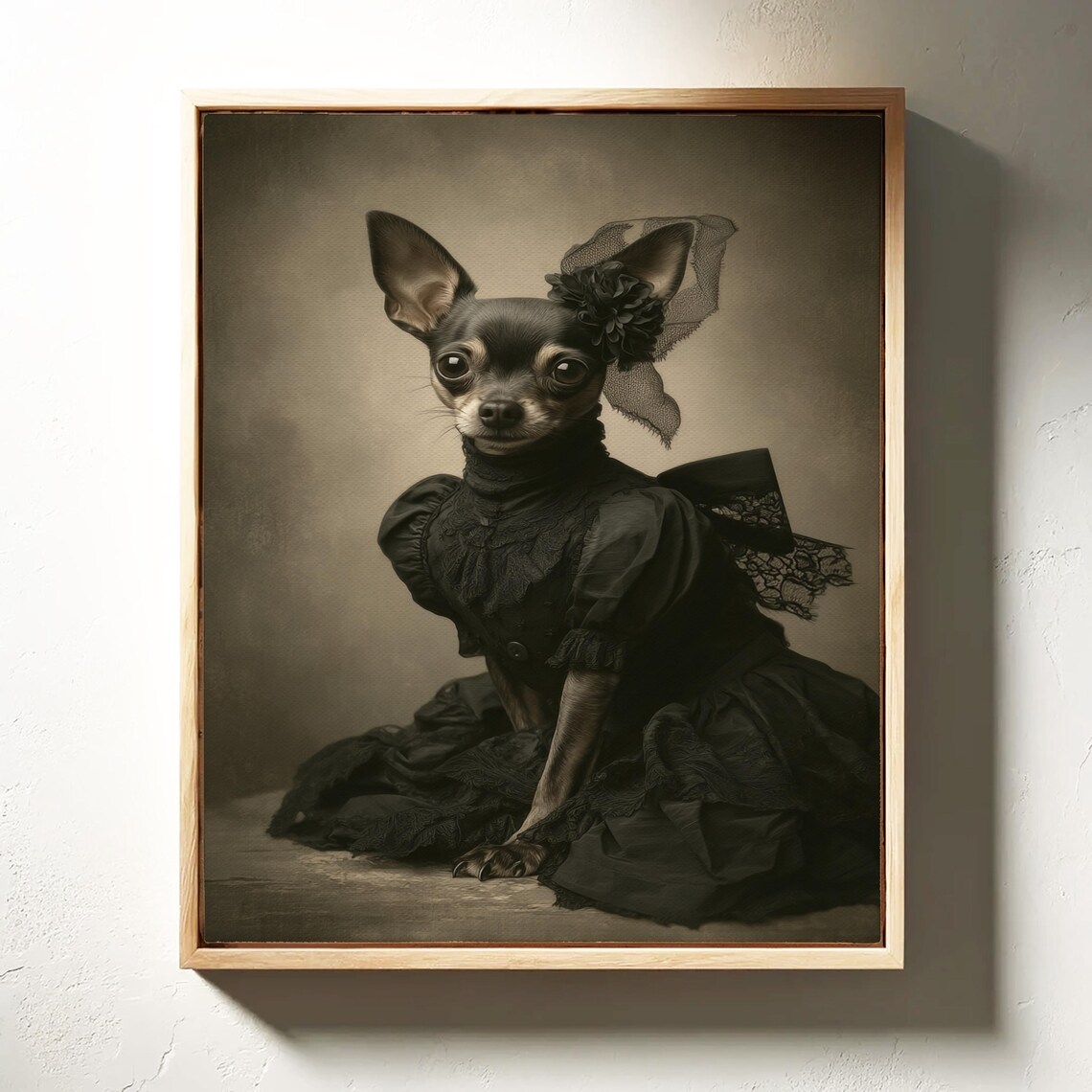 Victorian Chihuahua Portrait, Black Lace Dress Art Print