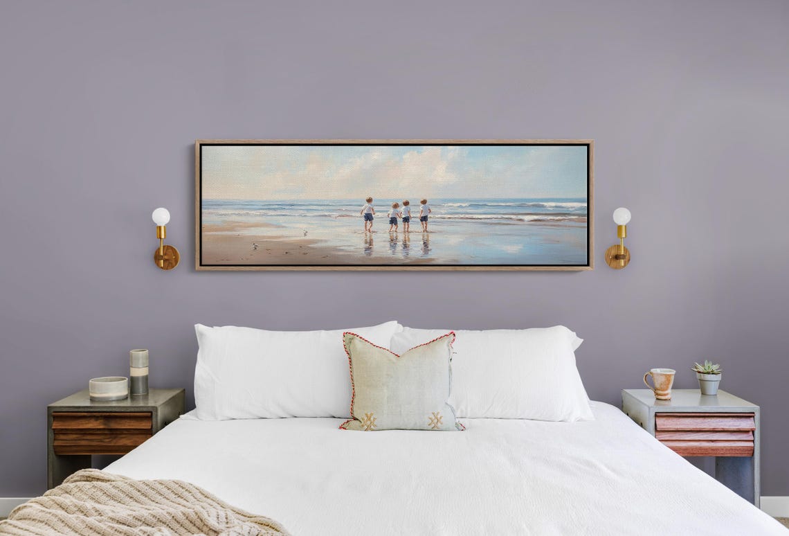 Four Children On Beach At Water Edge Soft Blue Ocean Scene Poster