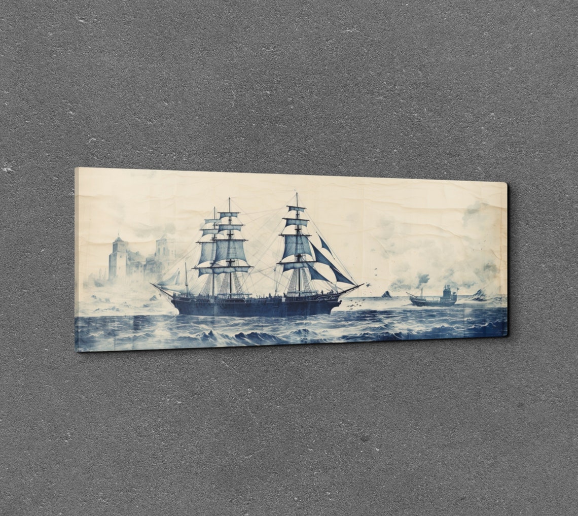 Vintage Pirate Ship Blue Ink Sketch On Stormy Sea Panorama Poster - Image 6