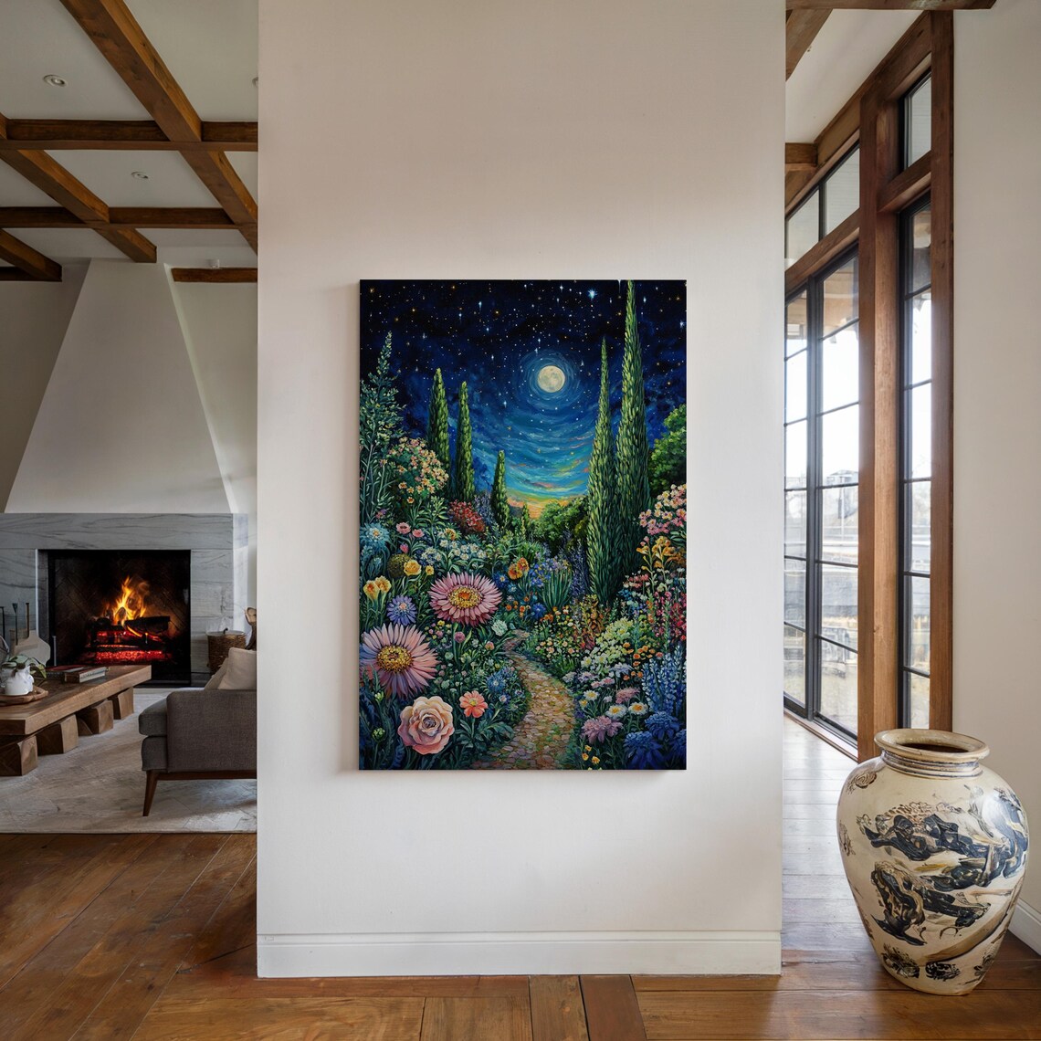 Moonlit Floral Garden Path, Starry Night Landscape - Image 5