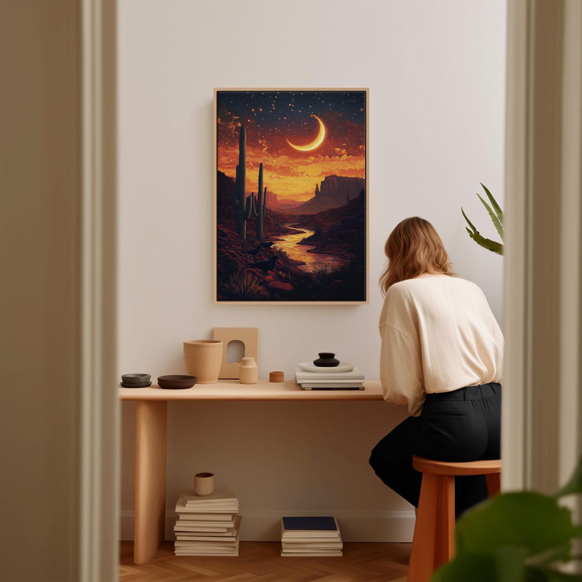 Starry Desert Canyon Night With Crescent Moon And Ravens Poster - Image 2