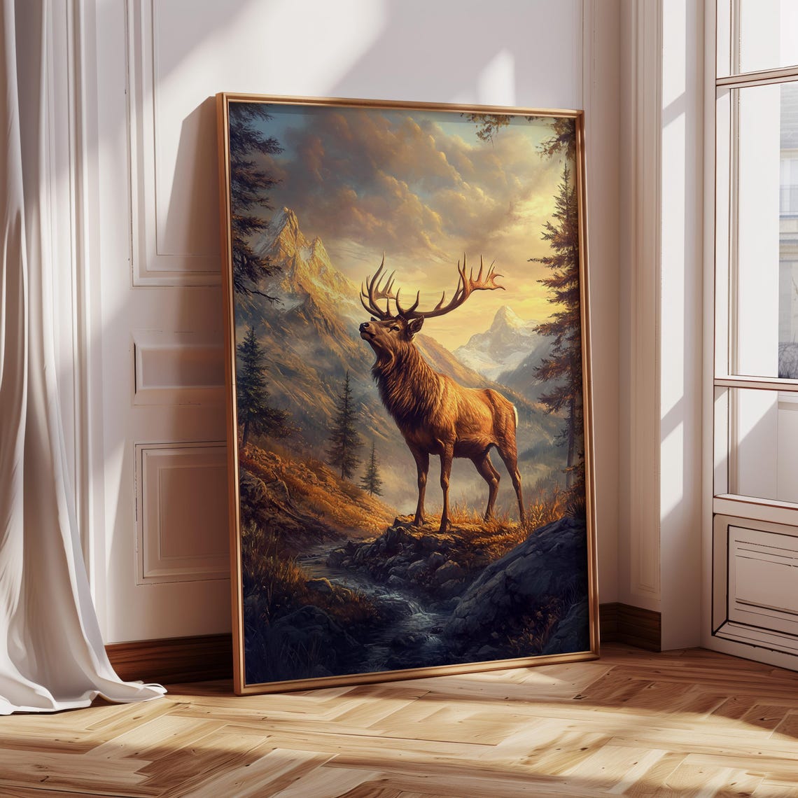 Bugling Elk on Mountain Ridge Golden Sunset Wildlife Art Poster - Image 4