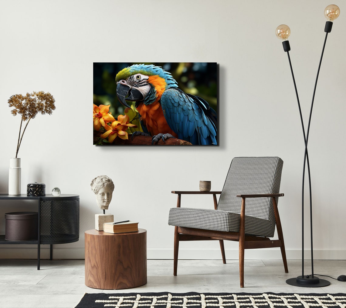 Blue Macaw Parrot Portrait Orange Blossoms Tropical Bird Poster - Image 2
