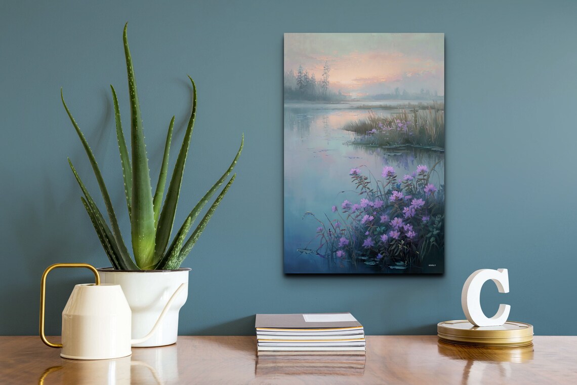 Purple Thistles At Sunrise Misty Lake Floral Landscape Poster - Image 7