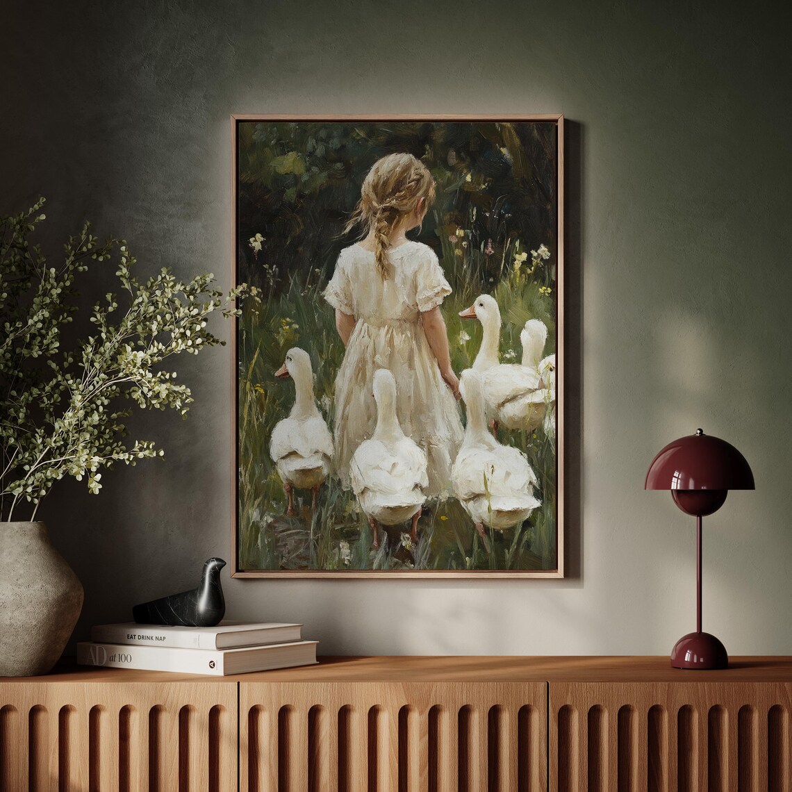 Little Girl in White Dress Walking With Five Geese in Meadow Poster - Image 7