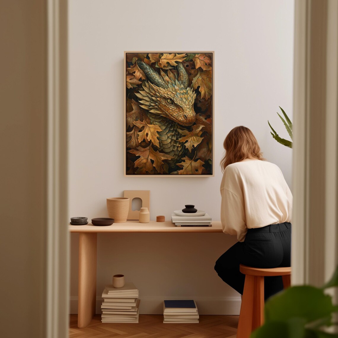 Golden Dragon Among Autumn Leaves Fantasy Art Painting Poster - Image 5