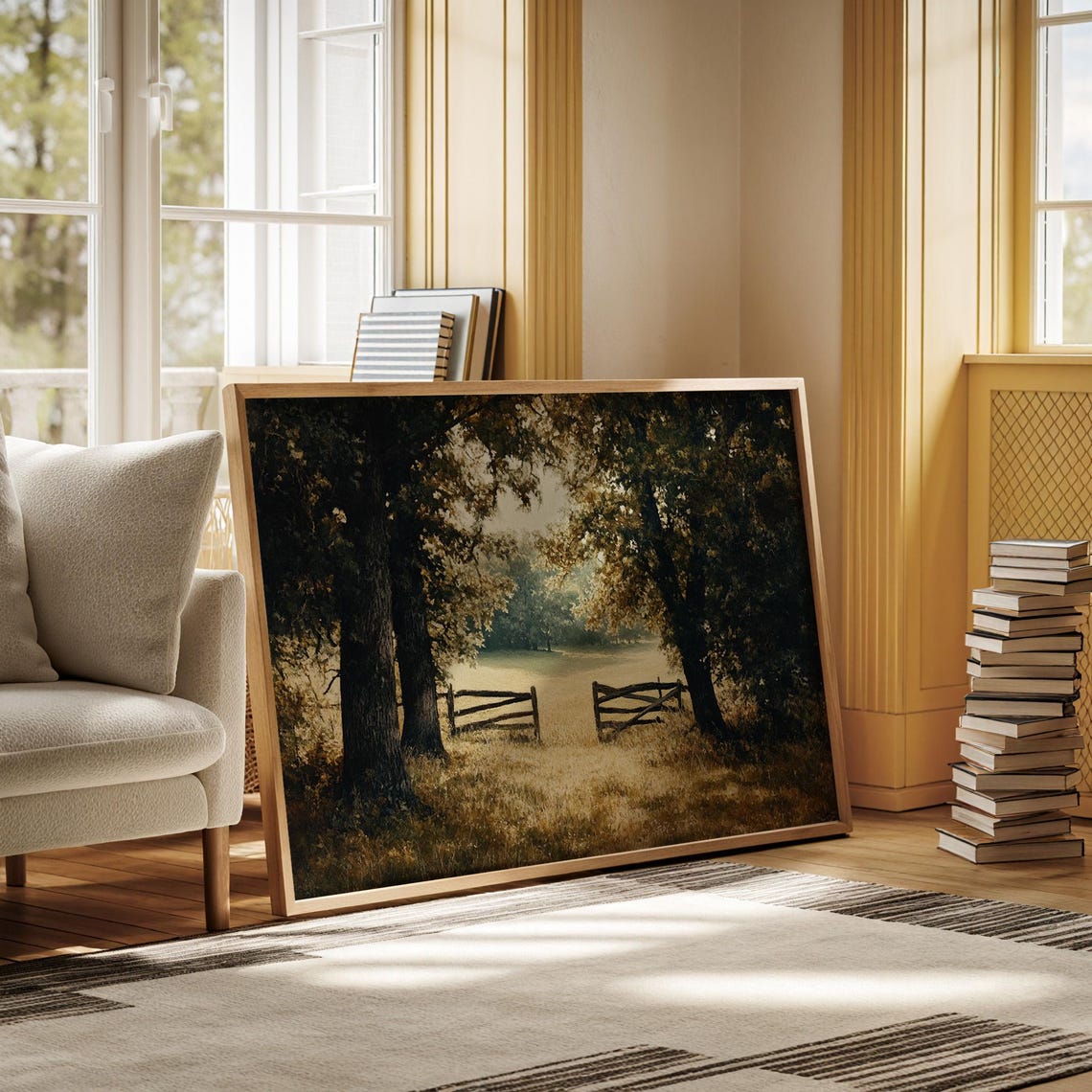 Sunlit Meadow with Rustic Wooden Fence Gate Landscape Painting Poster - Image 3