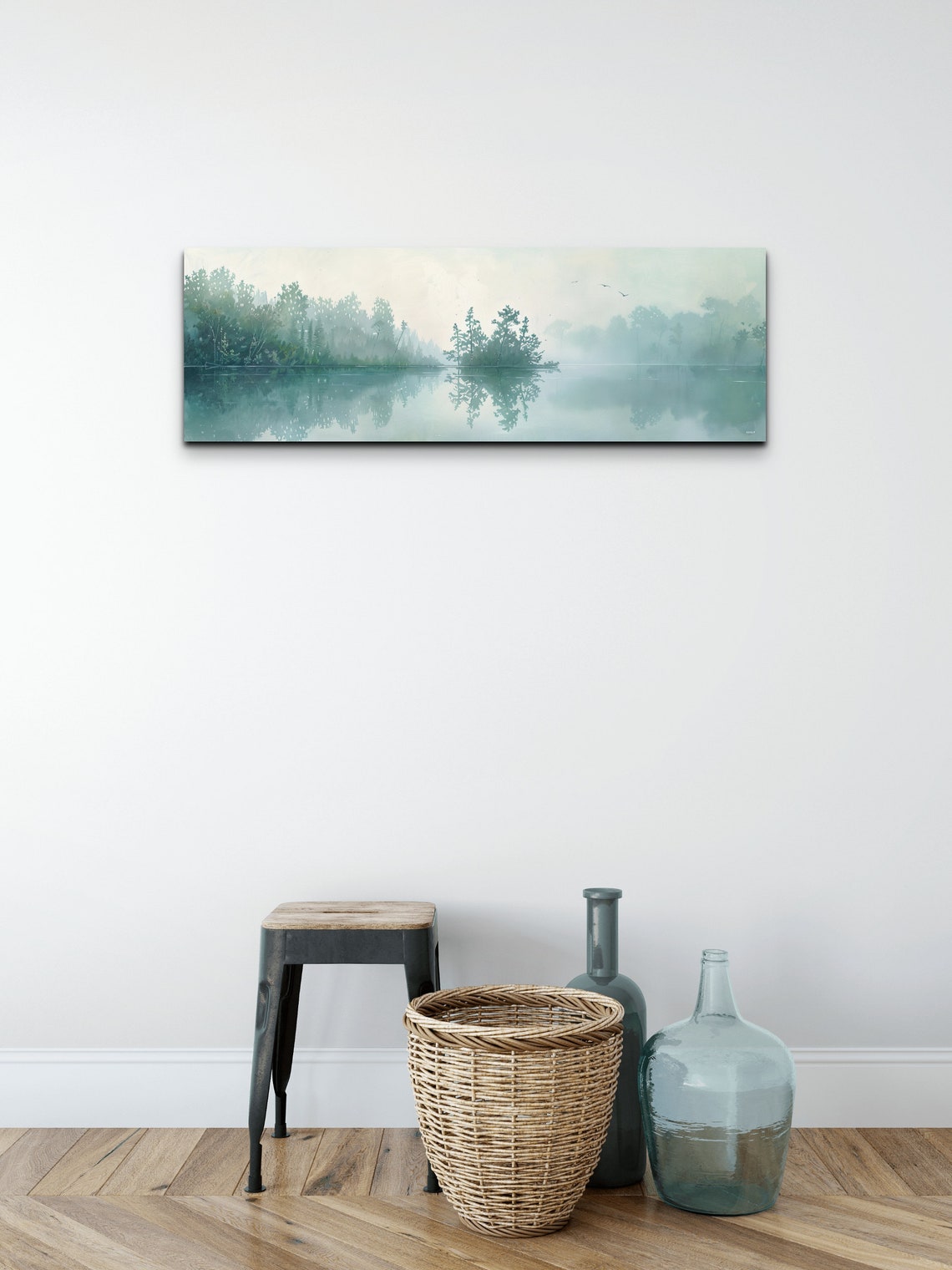Teal Misty Lake With Green Forest Shoreline Panoramic Poster - Image 5