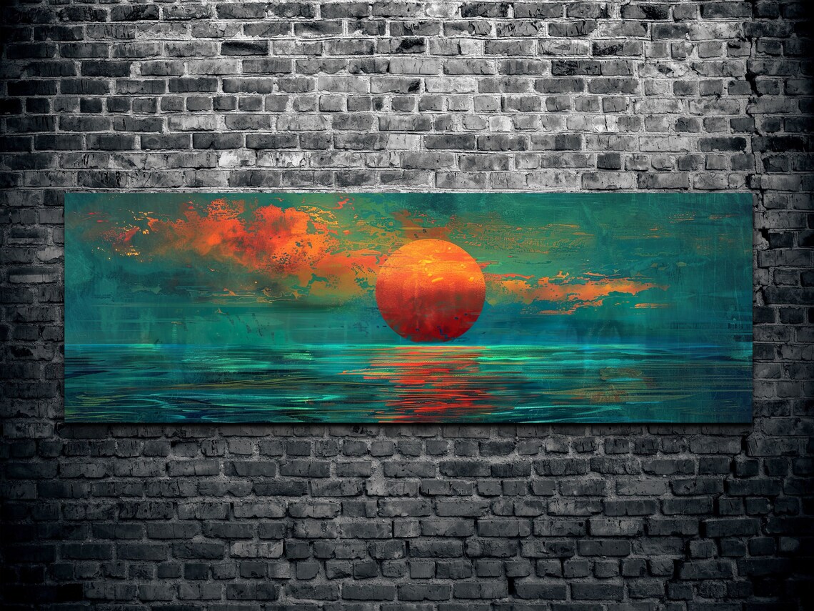 Sunset Over The Emerald Green Ocean, Vintage Painting - Image 2