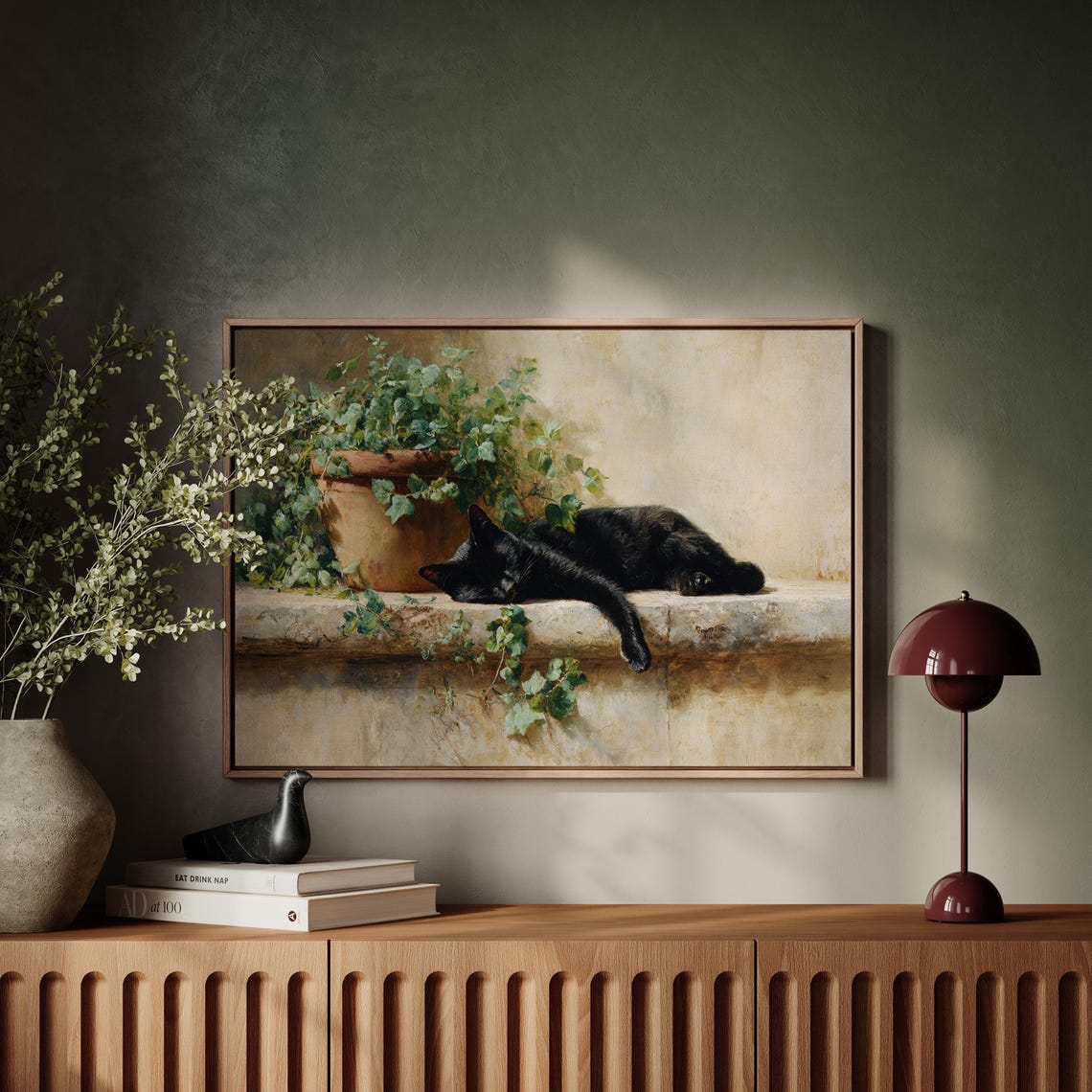 Black Cat Sleeping Stone Ledge Potted Ivy Cozy Painting Poster