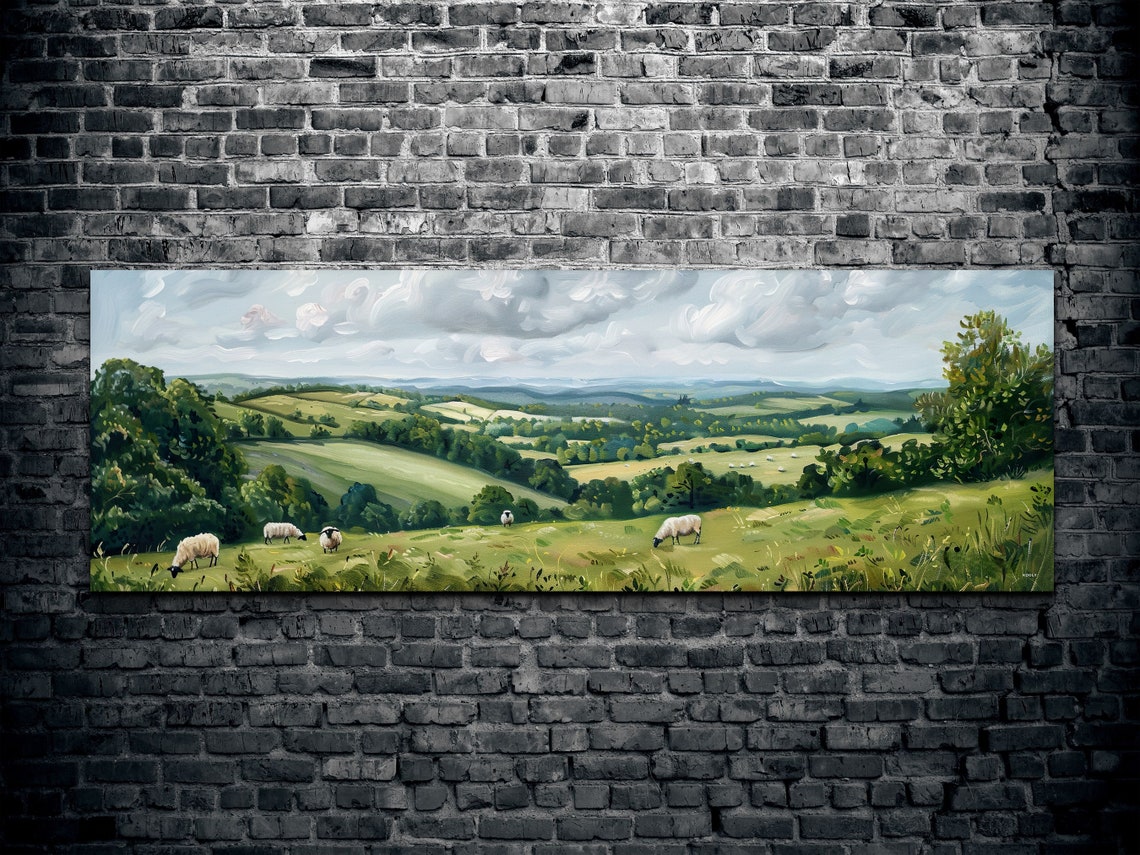 Sheep Grazing in a Lush Meadow Under a Cloudy Sky Panoramic Poster - Image 2