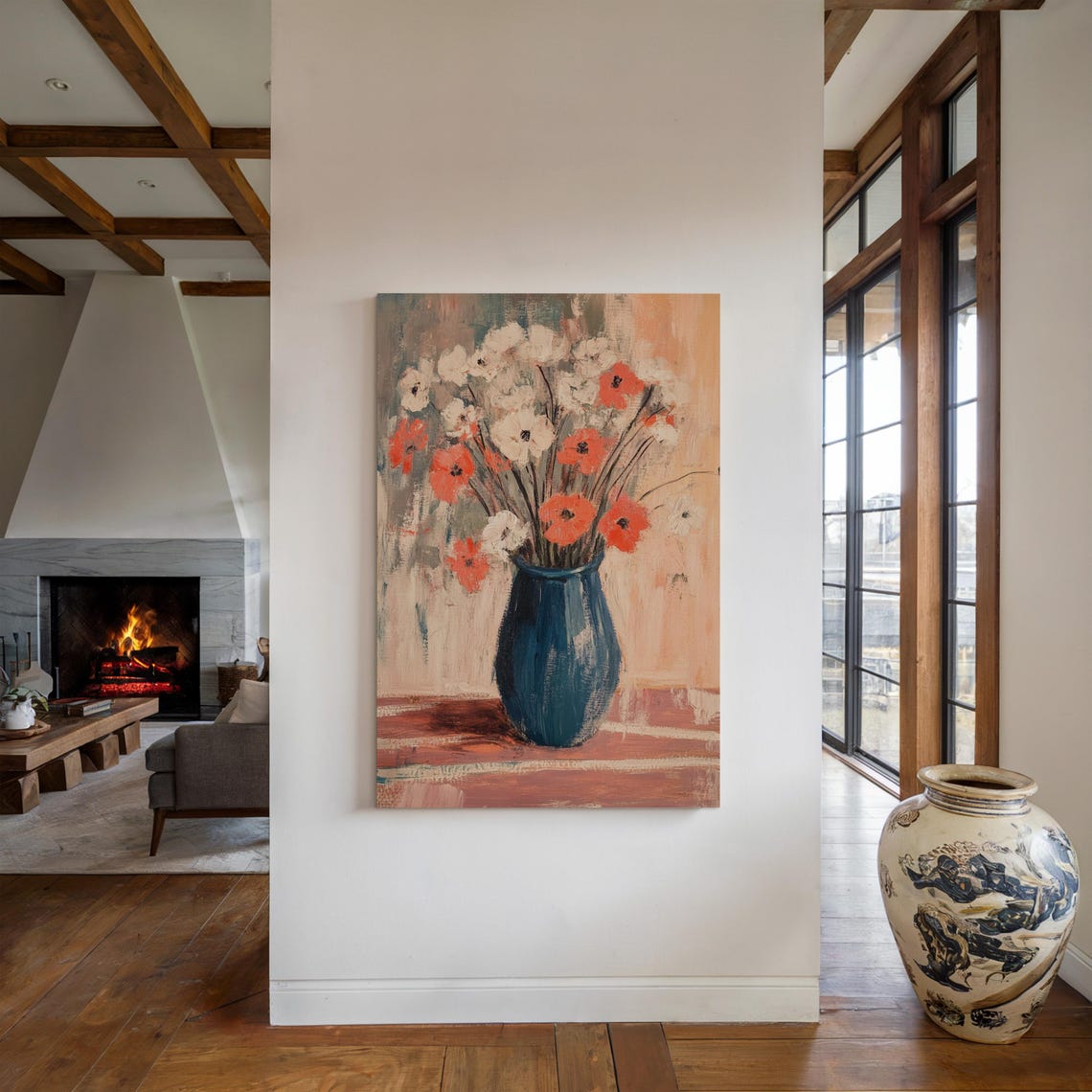 Red Poppies in Blue Vase Impressionist Floral Still Life Poster - Image 2