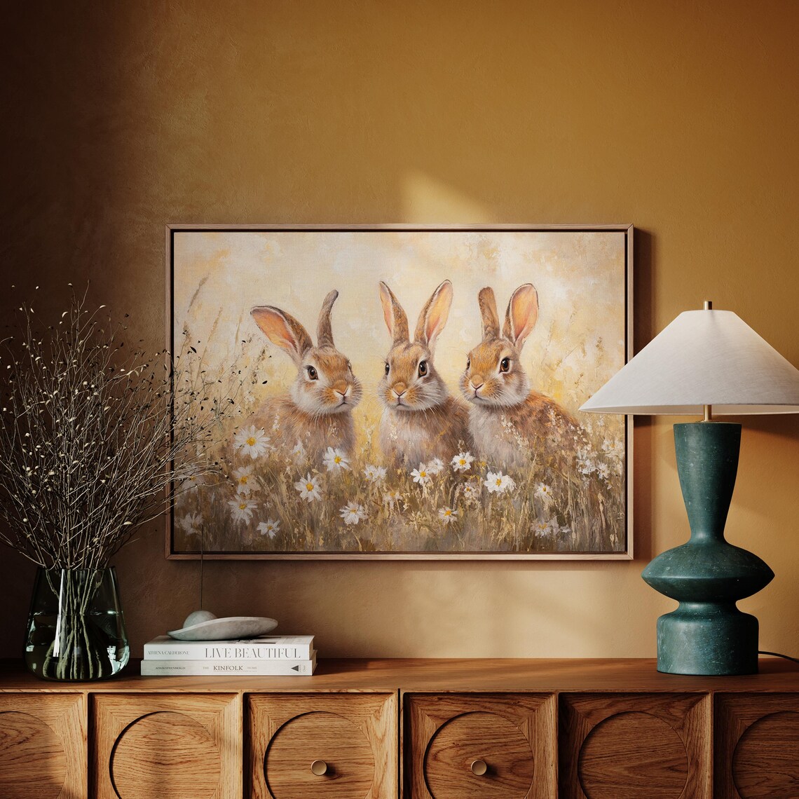 Three Bunnies In Golden Wildflower Meadow Oil Painting Poster - Image 7