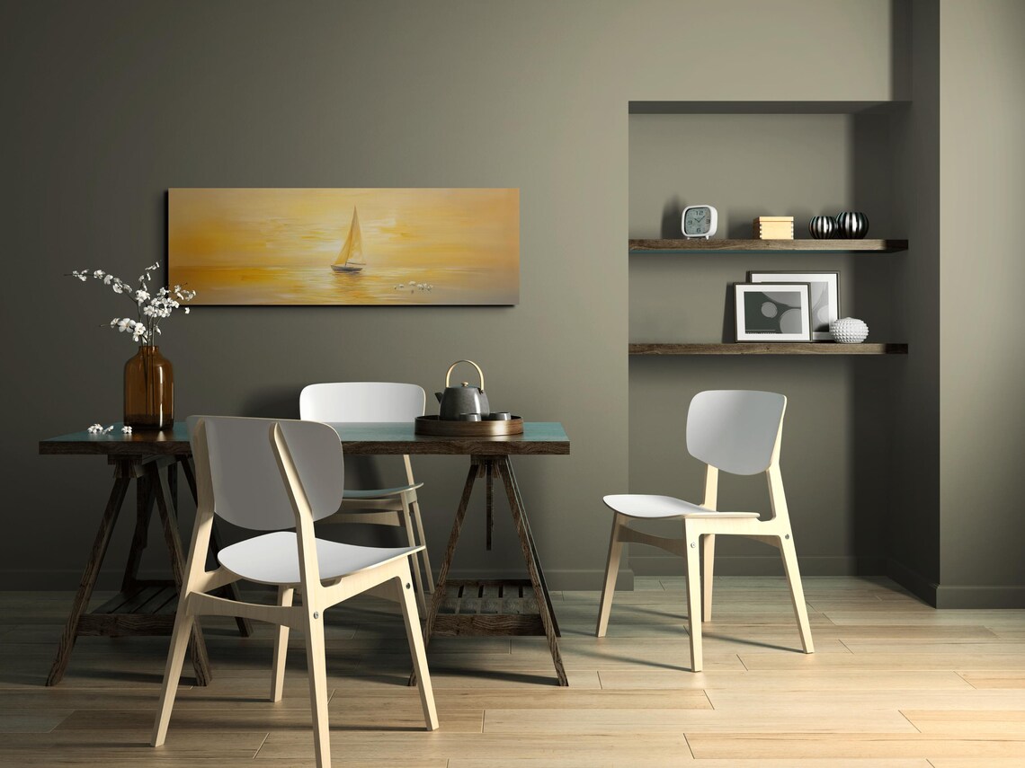Sailboat In Golden Morning Haze Seascape Birds Painting Poster - Image 6