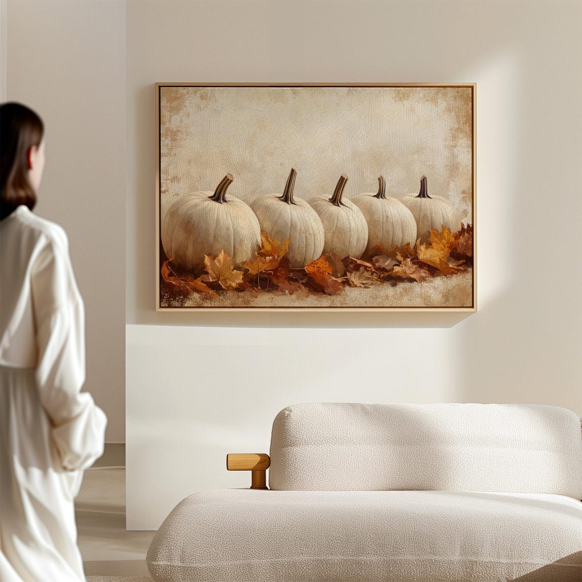 Five White Pumpkins In A Row Among Golden Autumn Leaves Fall Poster - Image 6
