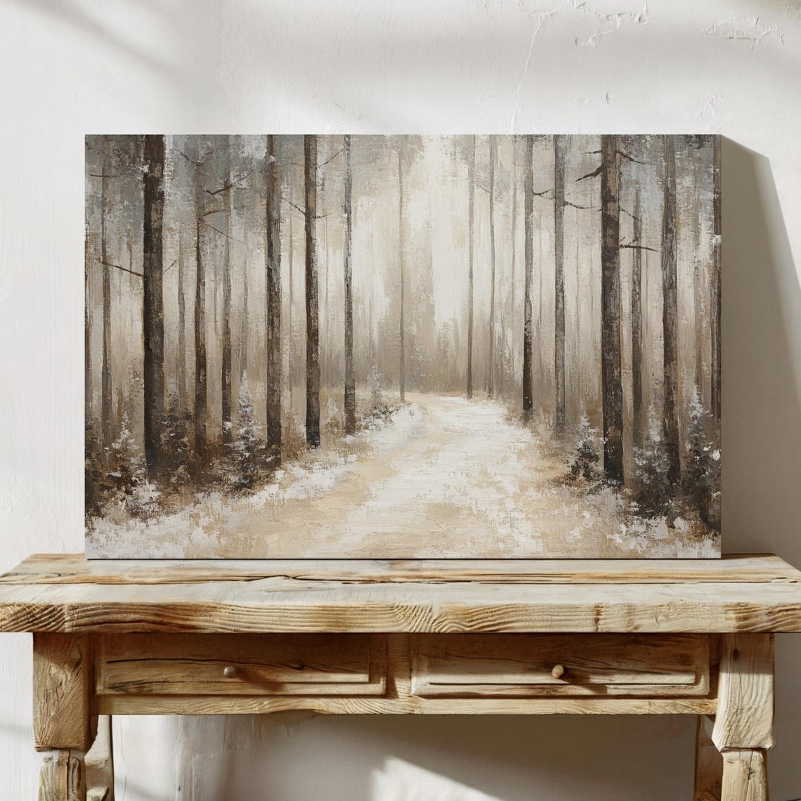 Snowy Winter Forest Path Tall Trees Tranquil Nature Wall Art