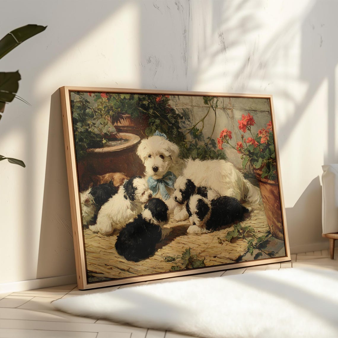 An Adorable Mother Dog With Her Black And White Puppies Poster