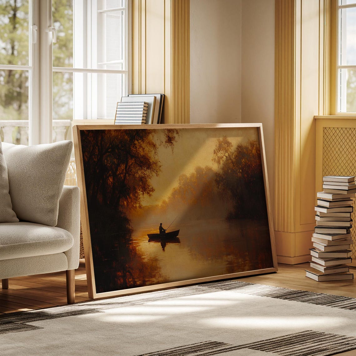 Lone Fisherman in a Boat on a Golden River at Sunset Tranquil Poster - Image 6