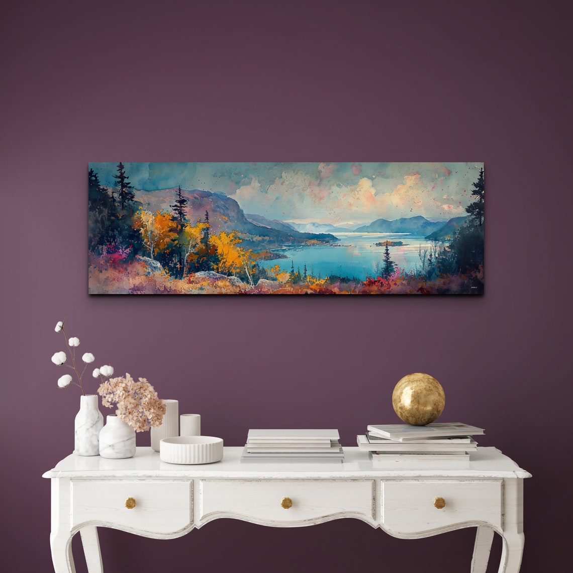 Panoramic Watercolor Mountain Lake Autumn Foliage Landscape Poster - Image 7