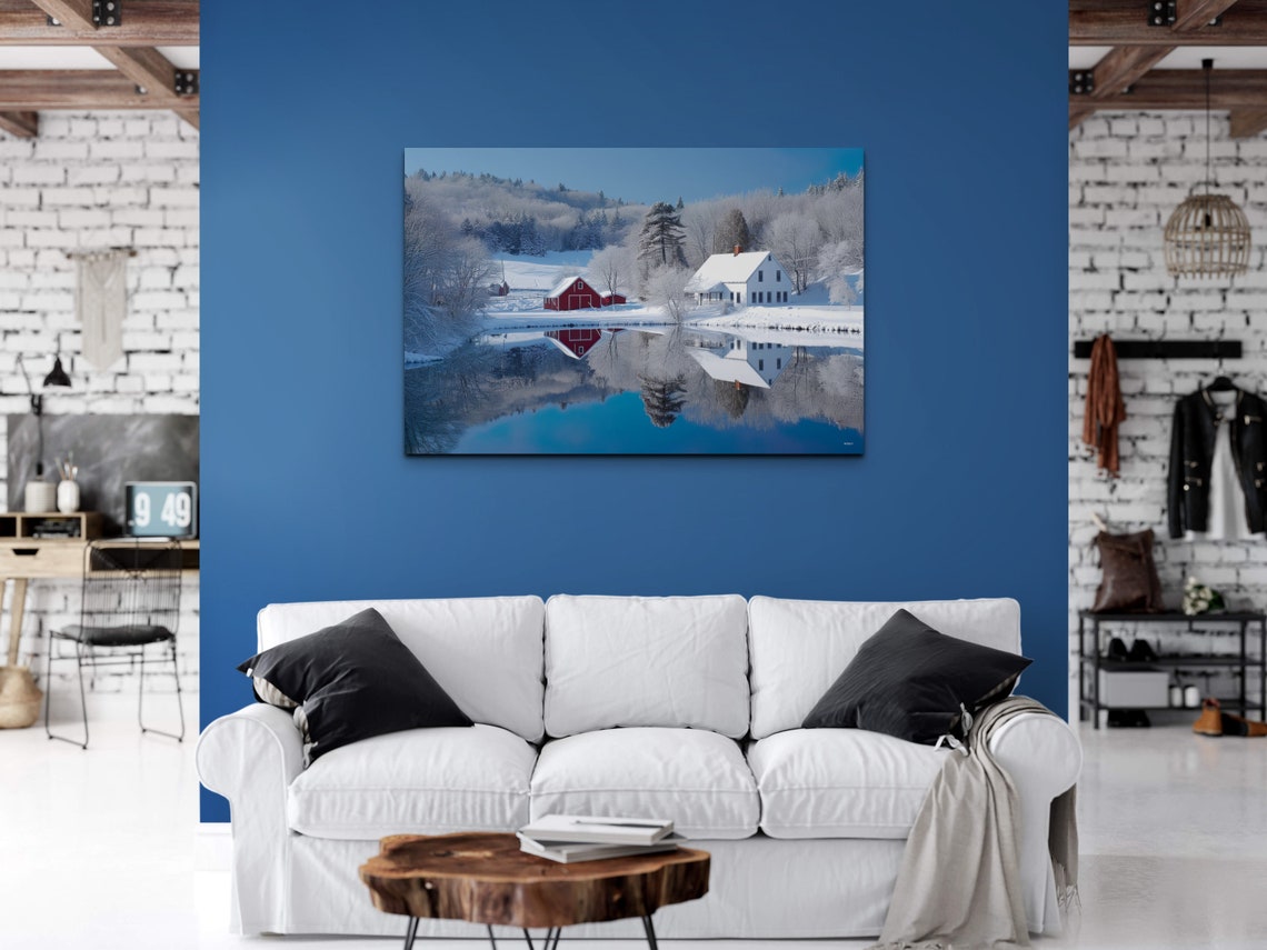 Red Barn Farmhouse Snowy Lake Reflection Winter Landscape Poster - Image 5