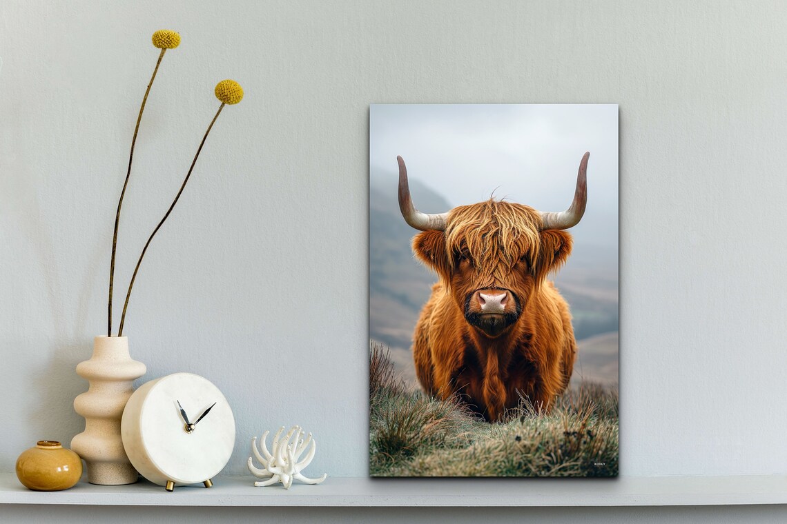Highland Cow Shaggy Brown Portrait Misty Scottish Farm Wall Art - Image 4