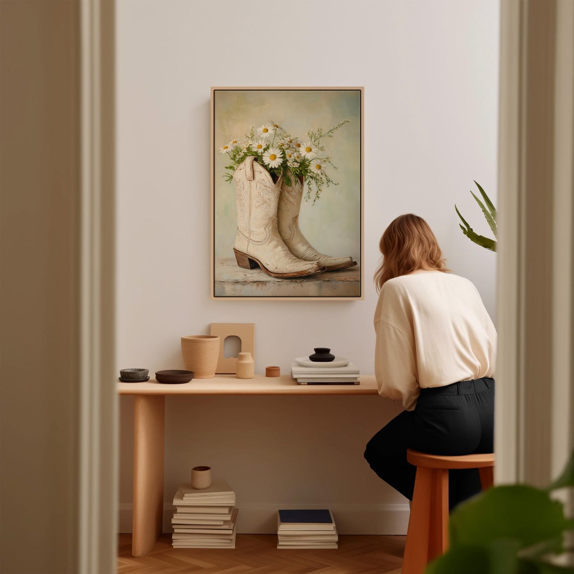 Pair Of Vintage White Cowboy Boots Filled With Daisies Painting Poster - Image 2