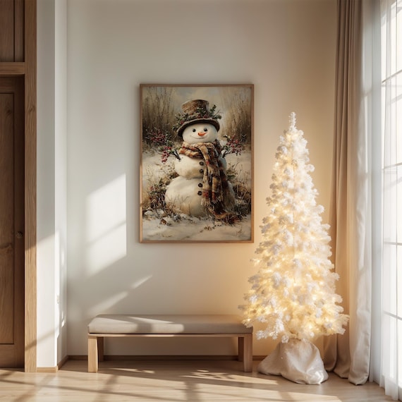 Rustic Snowman With Plaid Scarf Christmas Poster
