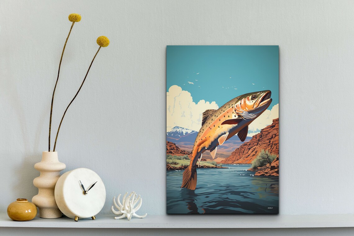Leaping Brown Trout Over Canyon River Vintage Fishing Art Poster - Image 4