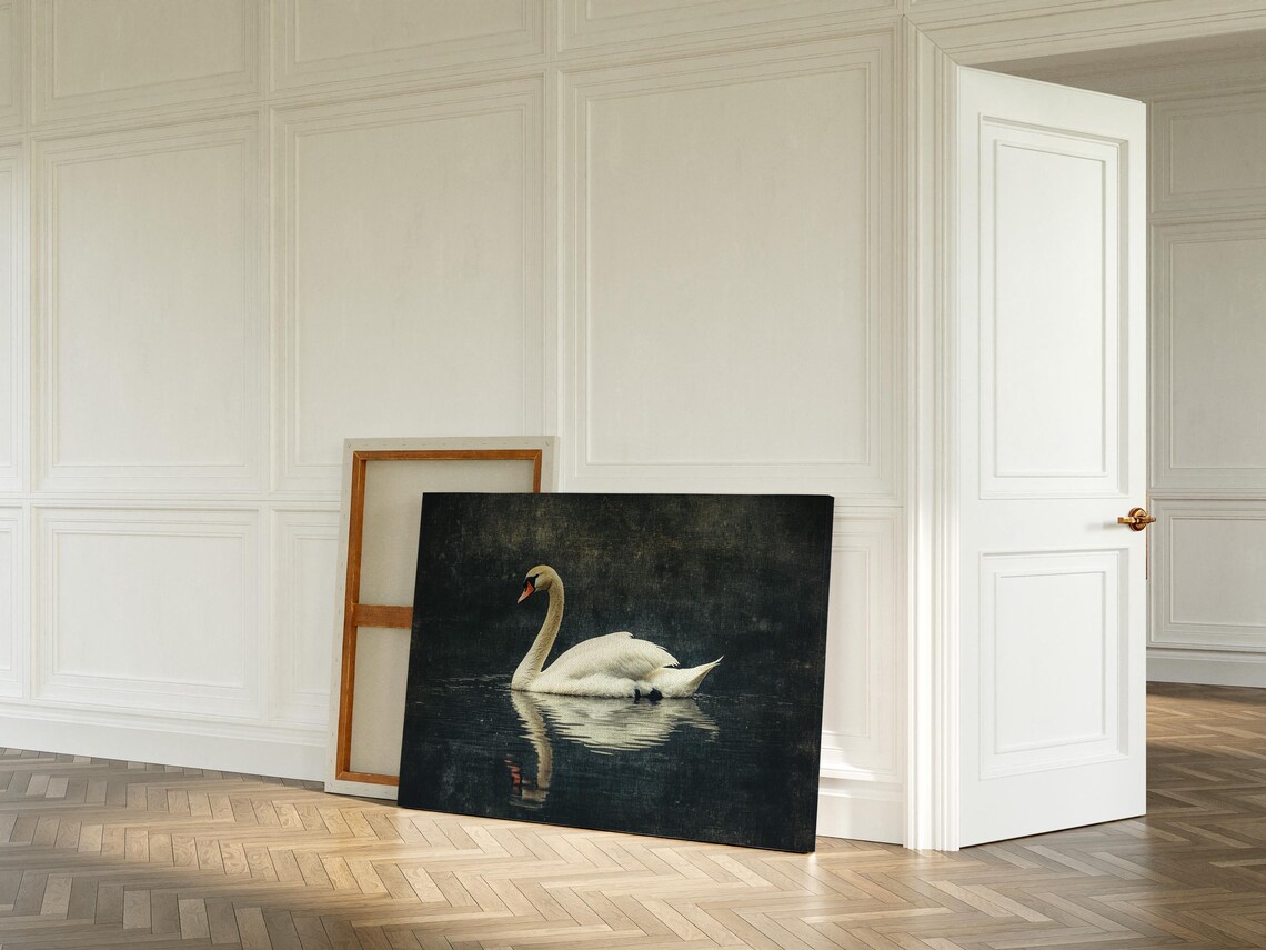 White Swan Gliding Across Dark Moody Lake Vintage Wildlife Poster - Image 3
