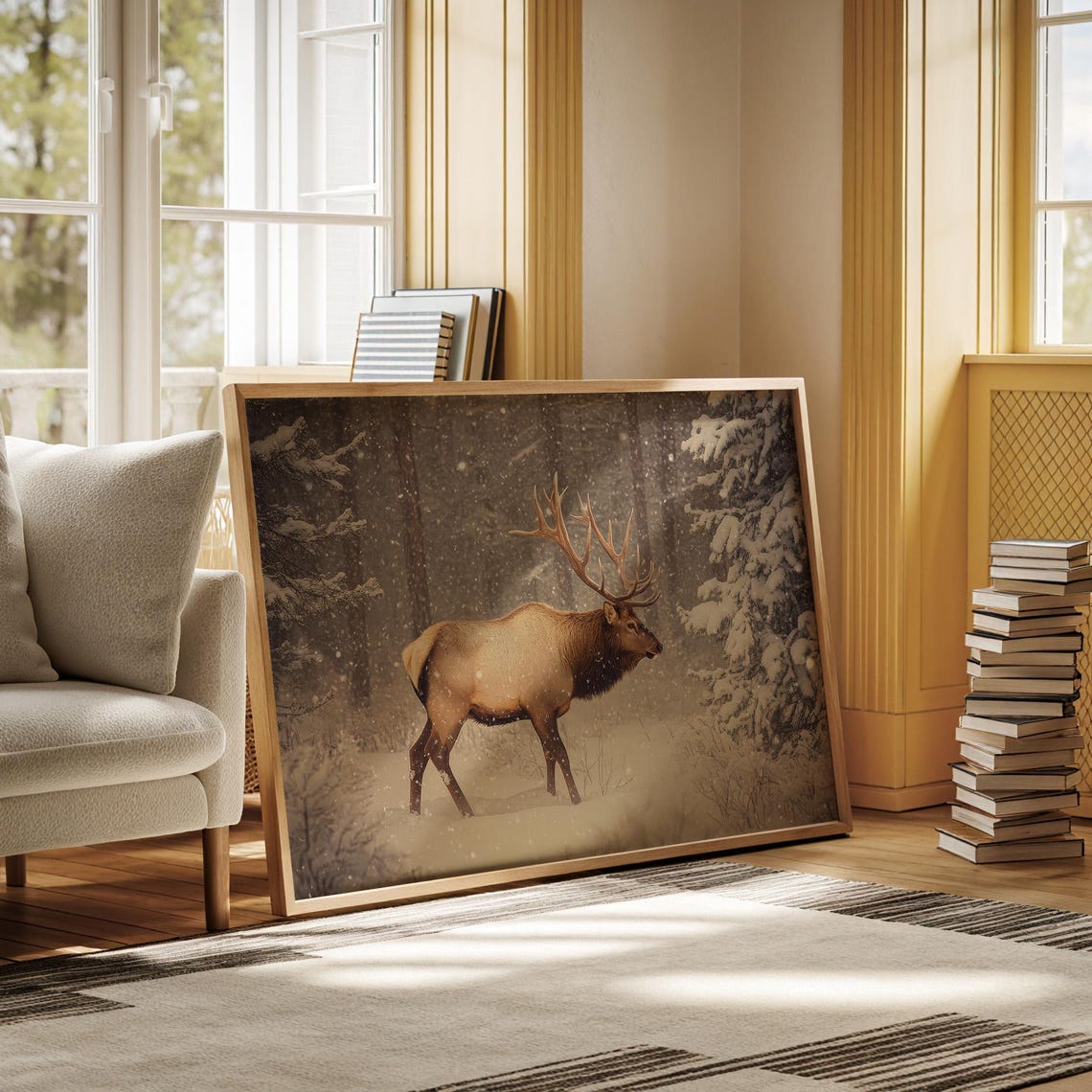 Bull Elk Walking Through A Snowy Forest In Falling Snow Winter Poster - Image 5