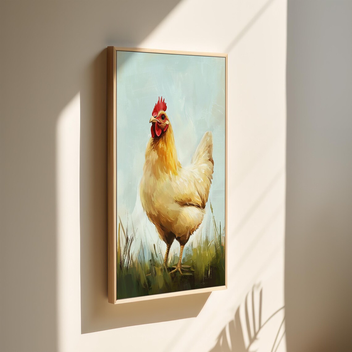 White Rooster with Red Comb in Field Folk Art Painting Poster